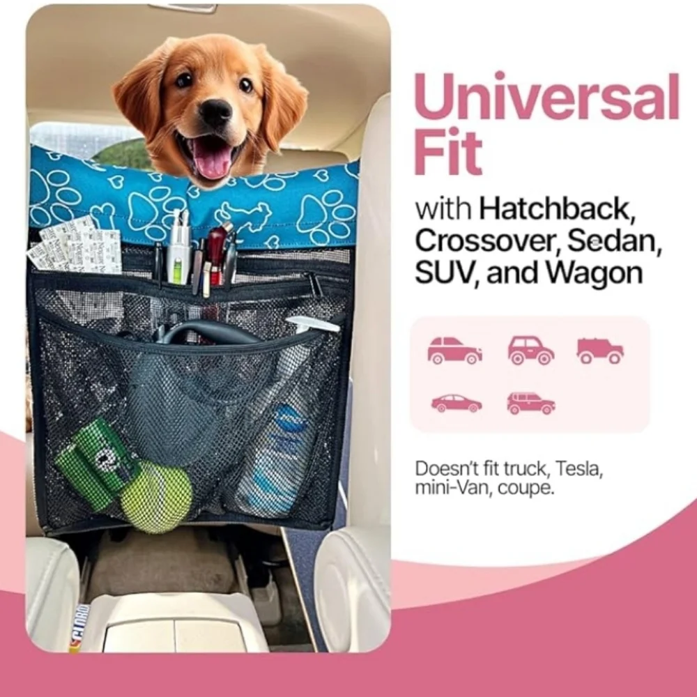 Pet Car Barrier with Mesh Pocket - Blue